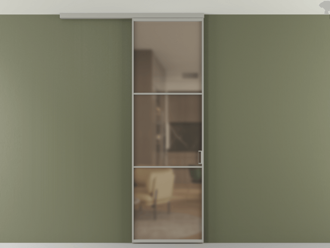 Перегородка Формато вдоль стены на потолок 1 створка АЛПР 040.03 Алюминий нейтральный серый Сатинированное бронзовое стекло, триплекс Цена 5260 AZE | Volhovec