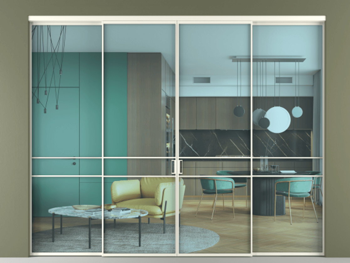 Перегородка Formato внутри проёма 4 створки АЛПР 040.02 Алюминий жемчужный Прозрачное голубое стекло, триплекс Цена 337120 ₽  | Volhovec