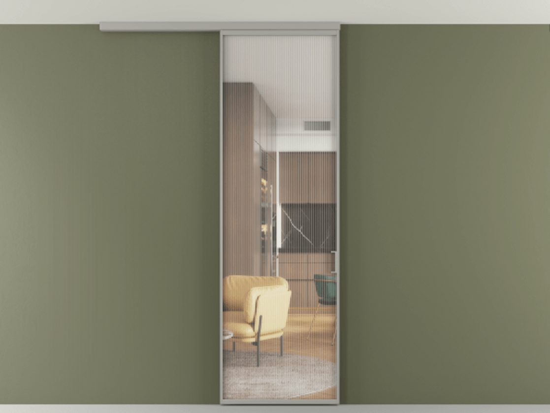 Перегородка Формато вдоль стены на потолок 1 створка АЛПР 040.01 Алюминий нейтральный серый Рифлёное стекло "Мору", триплекс Цена 107770 ₽ | Volhovec