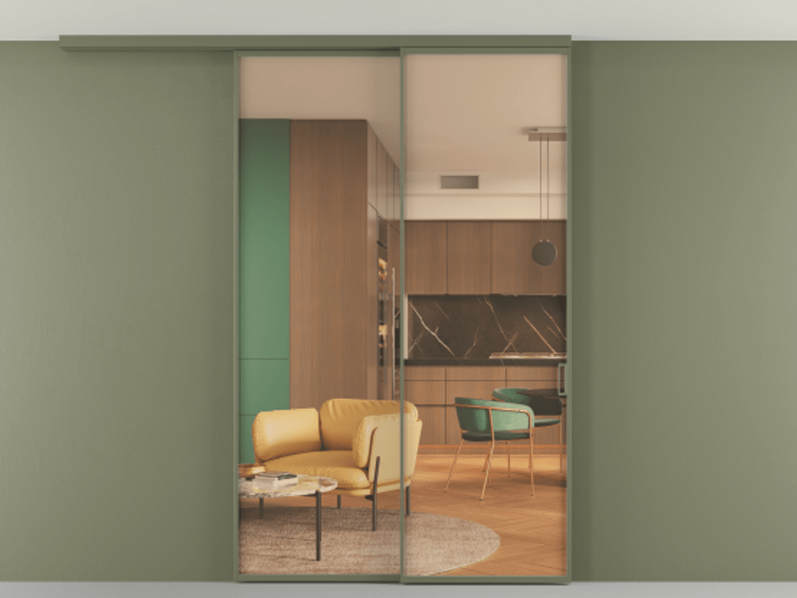 Перегородка Formato вдоль стены на потолок телескопик синхро 2 АЛПР 040.01 Алюминий оливковый тёмный Прозрачное оранжевое стекло, триплекс Цена 268472 ₽ | Volhovec