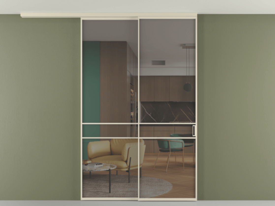 Перегородка Формато вдоль стены на потолок 2 створки с синхронным механизмом АЛПР 040.02 Алюминий бежево-серый Прозрачное серое стекло, триплекс Цена 311020 ₽ | Volhovec