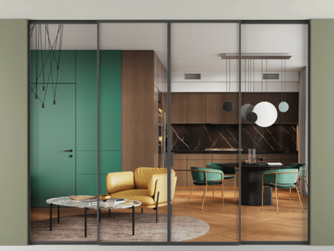 New Перегородка Formato внутри проёма скрытое крепление в потолок 4 створки АЛПР 040.01  Прозрачное стекло "Кристал Вижн", калёное Цена 623780 ₽ | Volhovec