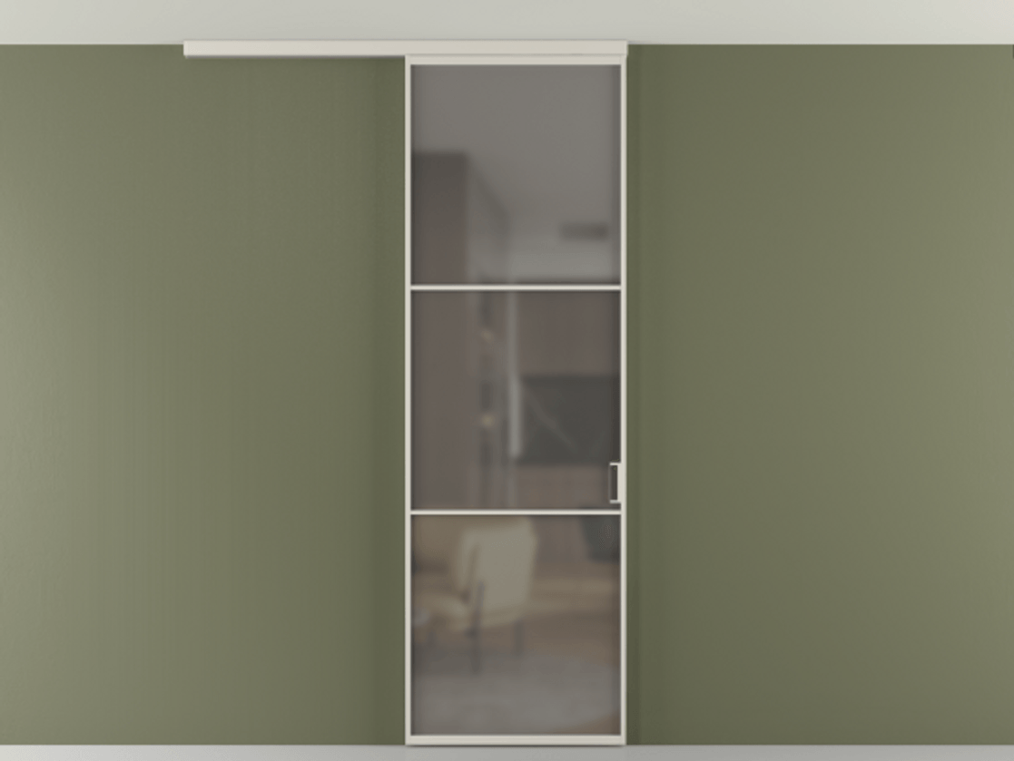 Перегородка Формато вдоль стены на потолок 1 створка АЛПР 040.03 Алюминий облачно-серый Сатинированное серое стекло, триплекс Цена 100988 ₽ | Volhovec