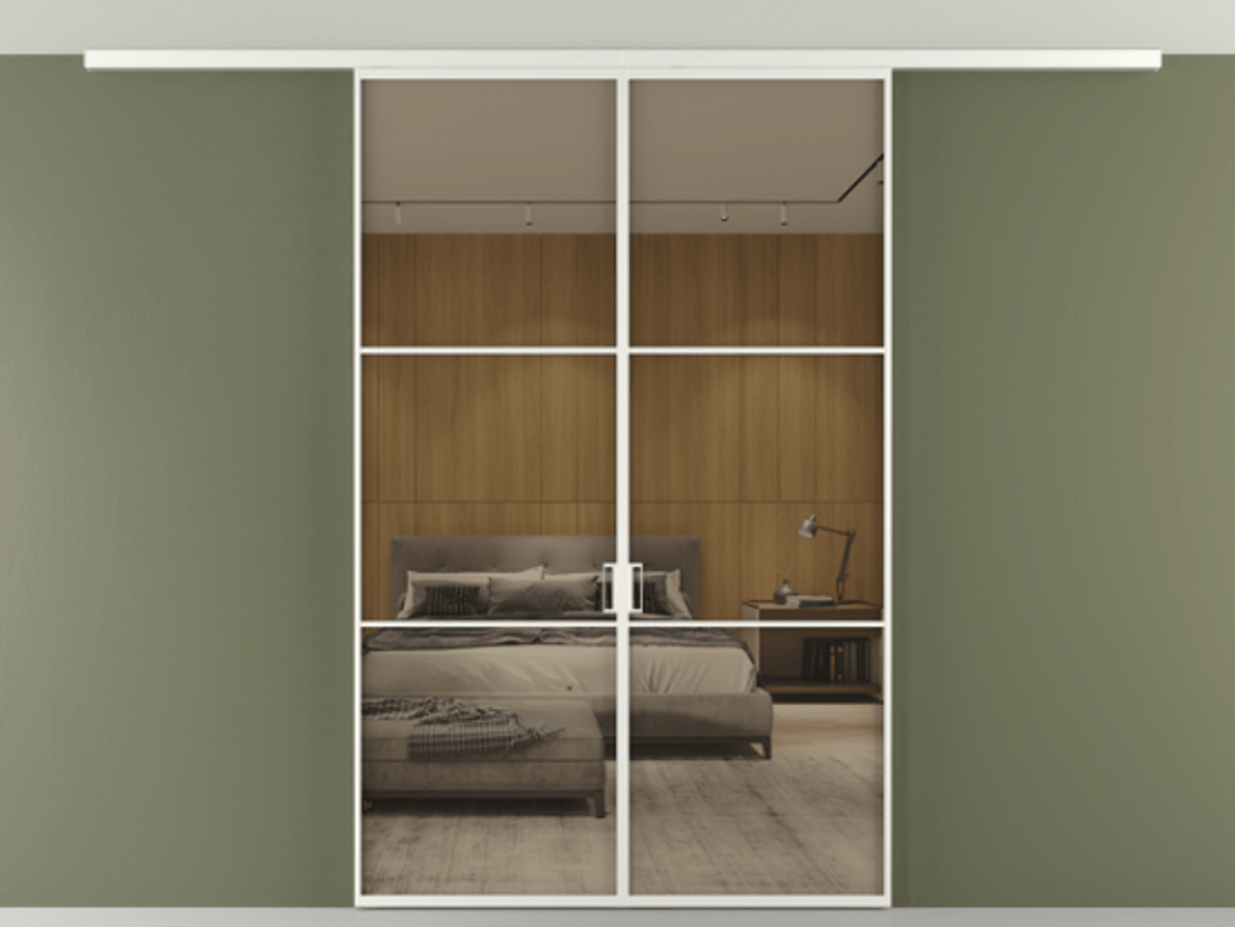 Перегородка Формато вдоль стены на потолок 2 створки АЛПР 040.03 Алюминий светло-серый Рефлективное бронзовое стекло "Стопсол", калёное Цена 243920 ₽ | Volhovec