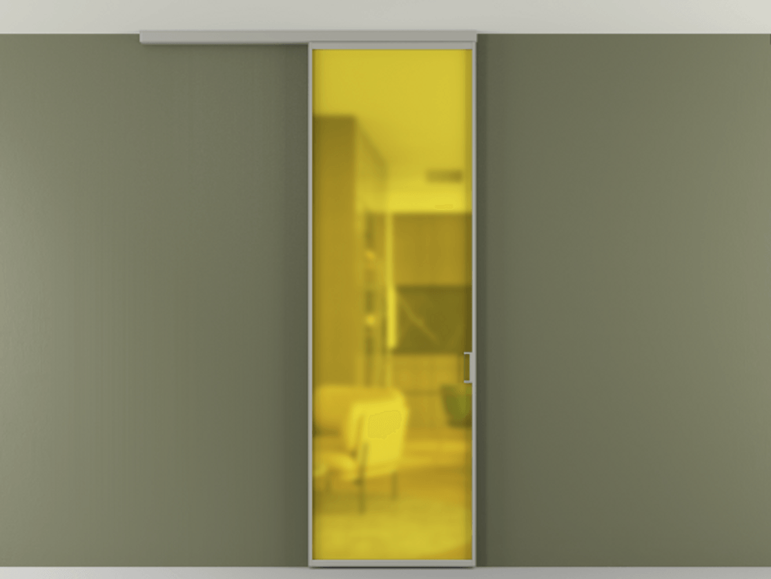 Перегородка Формато вдоль стены на потолок 1 створка АЛПР 040.01 Алюминий нейтральный серый Сатинированное жёлтое стекло, триплекс Цена 92403 ₽ | Volhovec