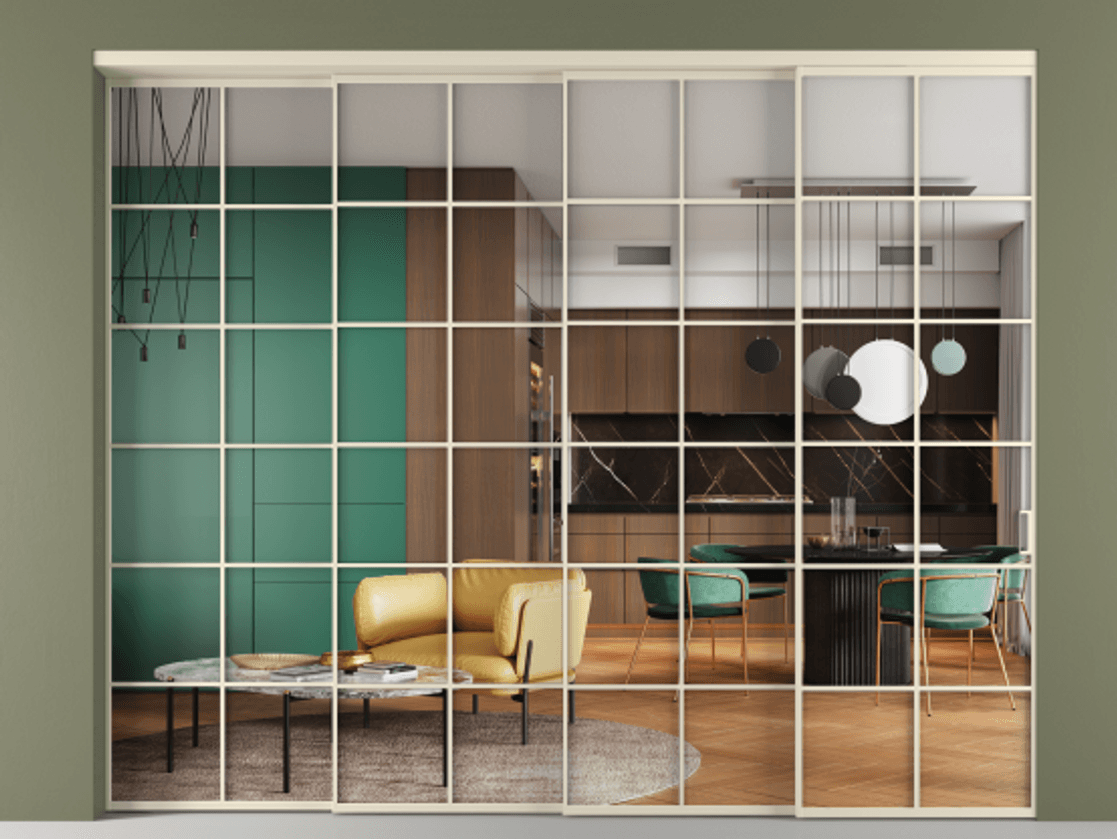 Перегородка Формато внутри проёма 4 створки с синхронным механизмом АЛПР 040.05 Алюминий бежево-серый Прозрачное стекло "Кристал Вижн", калёное Цена 514280 ₽ | Volhovec