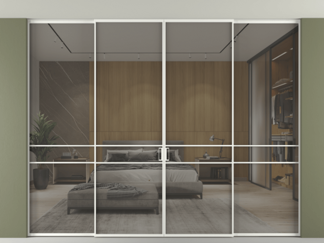 Перегородка Формато внутри проёма скрытое крепление в потолок 4 створки АЛПР 040.02 Алюминий светло-серый Рефлективное серое стекло "Стопсол", калёное Цена 555140 ₽ | Volhovec