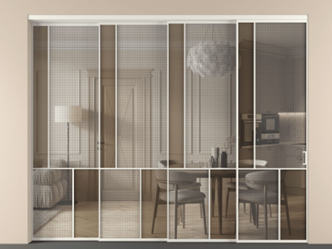 Перегородка Mosaic внутри проема телескопик синхро-4 АЛПР 041.20 Алюминий Белый Mesh silver + Бронза прозрачное триплекс Цена 542520 ₽ | Volhovec