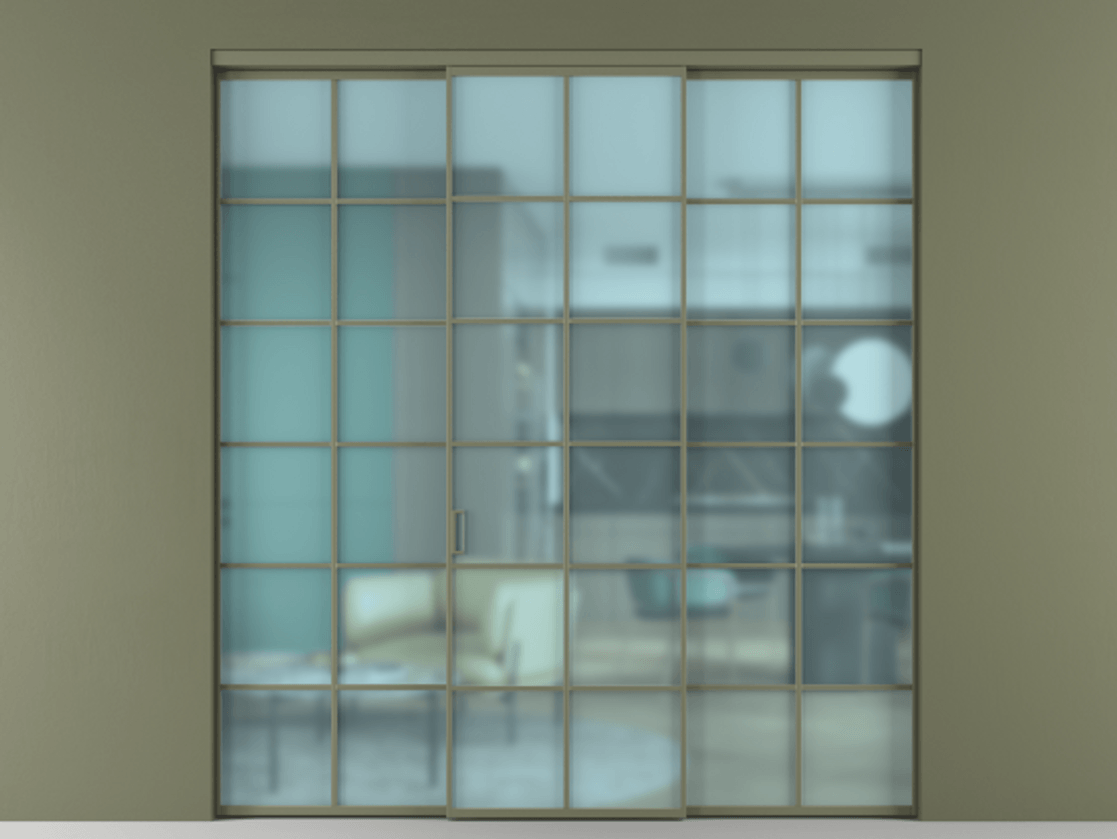 Перегородка Formato внутри проёма 3 створки АЛПР 040.05 Алюминий оливковый тёмный Сатинированное голубое стекло, триплекс Цена 254825 ₽ | Volhovec