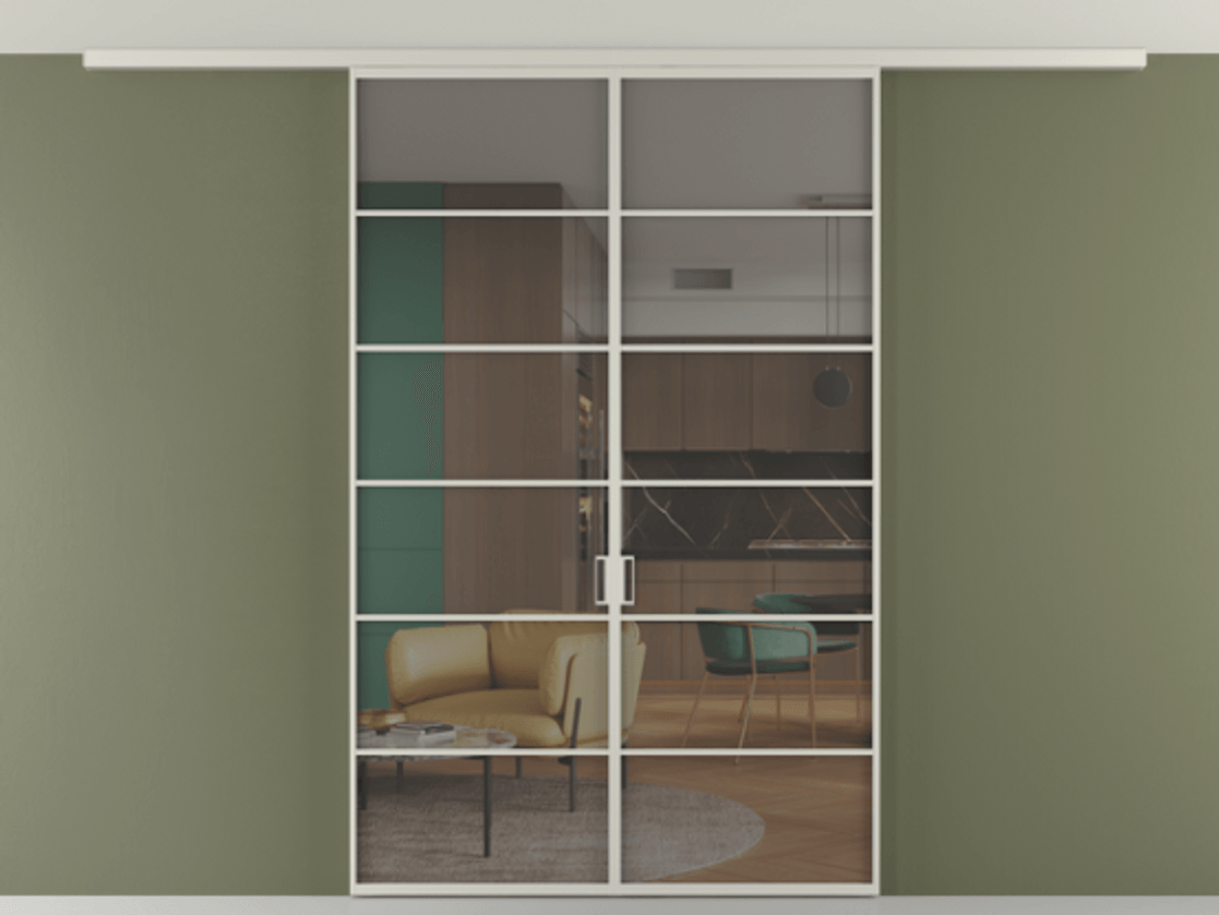 Перегородка Формато вдоль стены на потолок 2 створки АЛПР 040.04 Алюминий тёплый серый Прозрачное серое стекло, триплекс Цена 294100 ₽ | Volhovec