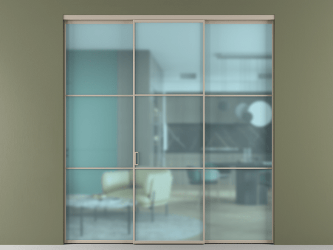 Перегородка Formato внутри проёма 3 створки АЛПР 040.03 Алюминий бисквитный Сатинированное голубое стекло, триплекс Цена 237275 ₽ | Volhovec