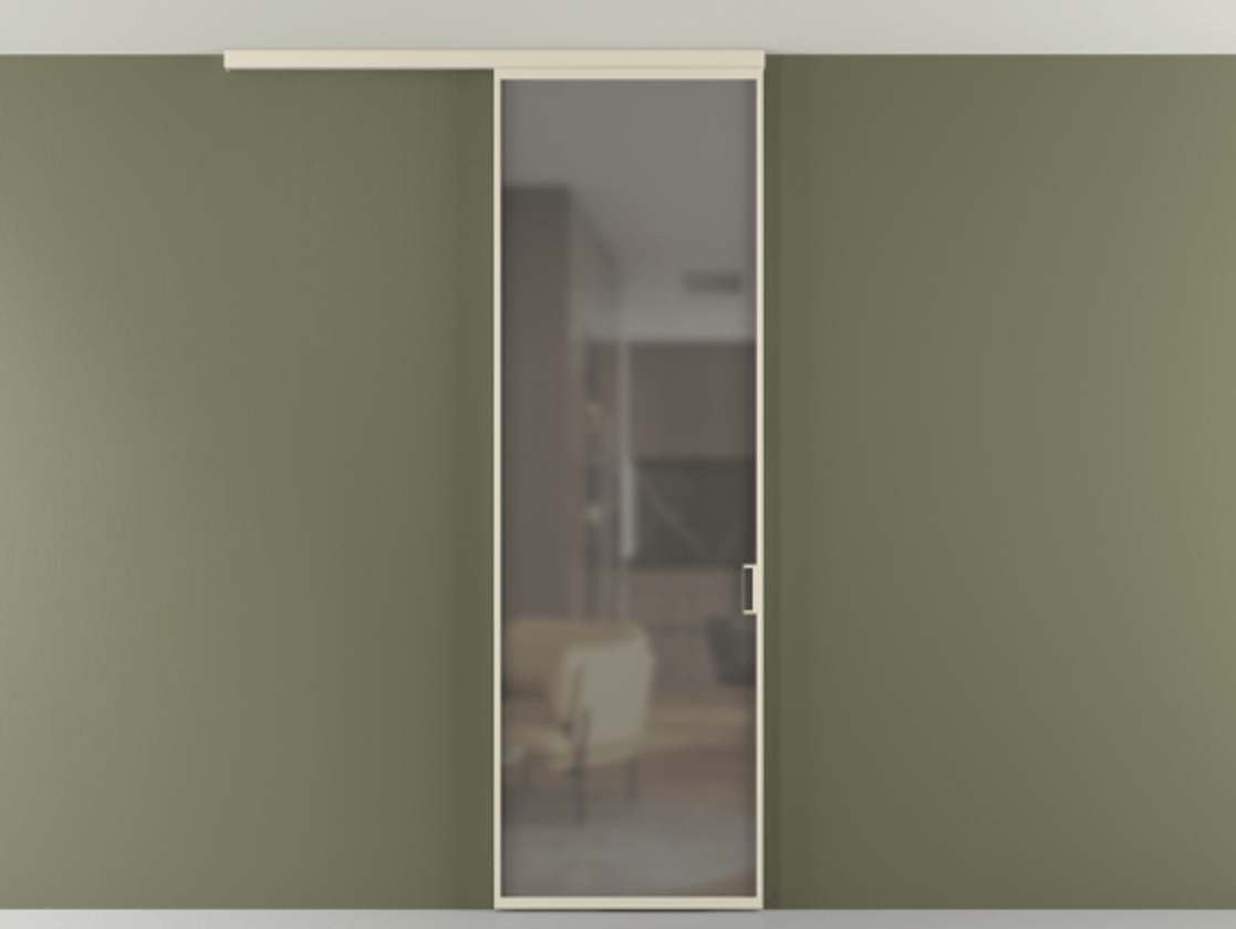 Перегородка Формато вдоль стены на потолок 1 створка АЛПР 040.01 Алюминий бежево-серый Сатинированное серое стекло, триплекс Цена 92403 ₽ | Volhovec