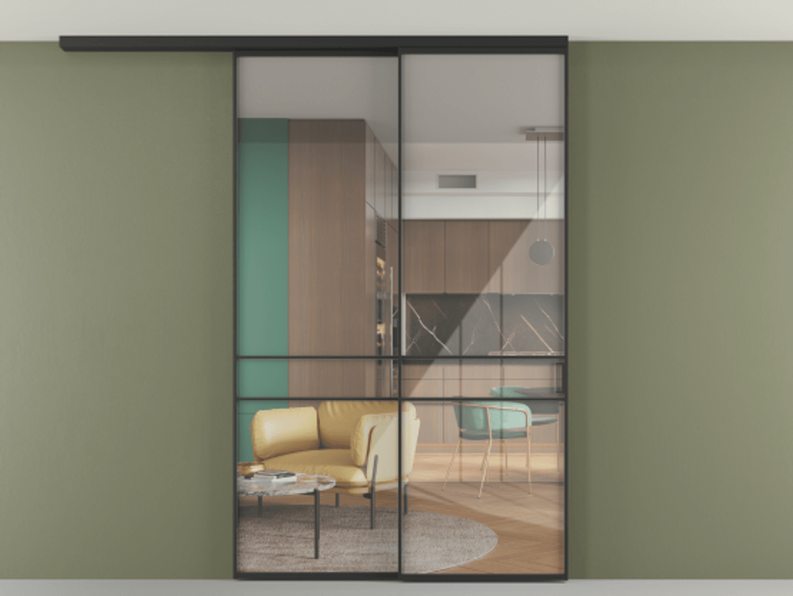 Перегородка Формато вдоль стены на потолок 2 створки с синхронным механизмом АЛПР 040.02 Алюминий Черный Рефлективное прозрачное стекло "Стопсол", калёное Цена 312100 ₽ | Volhovec