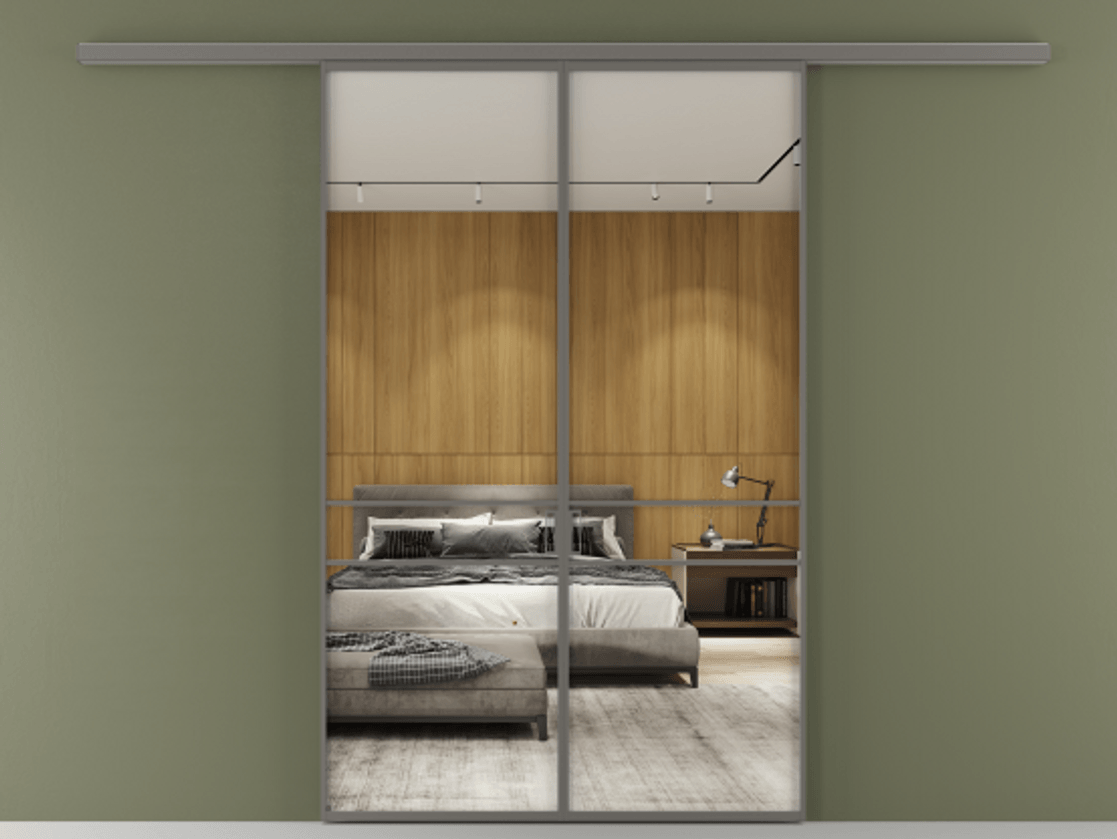 Перегородка Формато вдоль стены 2 створки АЛПР 040.02 Алюминий классический серый Двустороннее зеркало, триплекс , триплекс 6 мм Цена 195450 ₽ | Volhovec