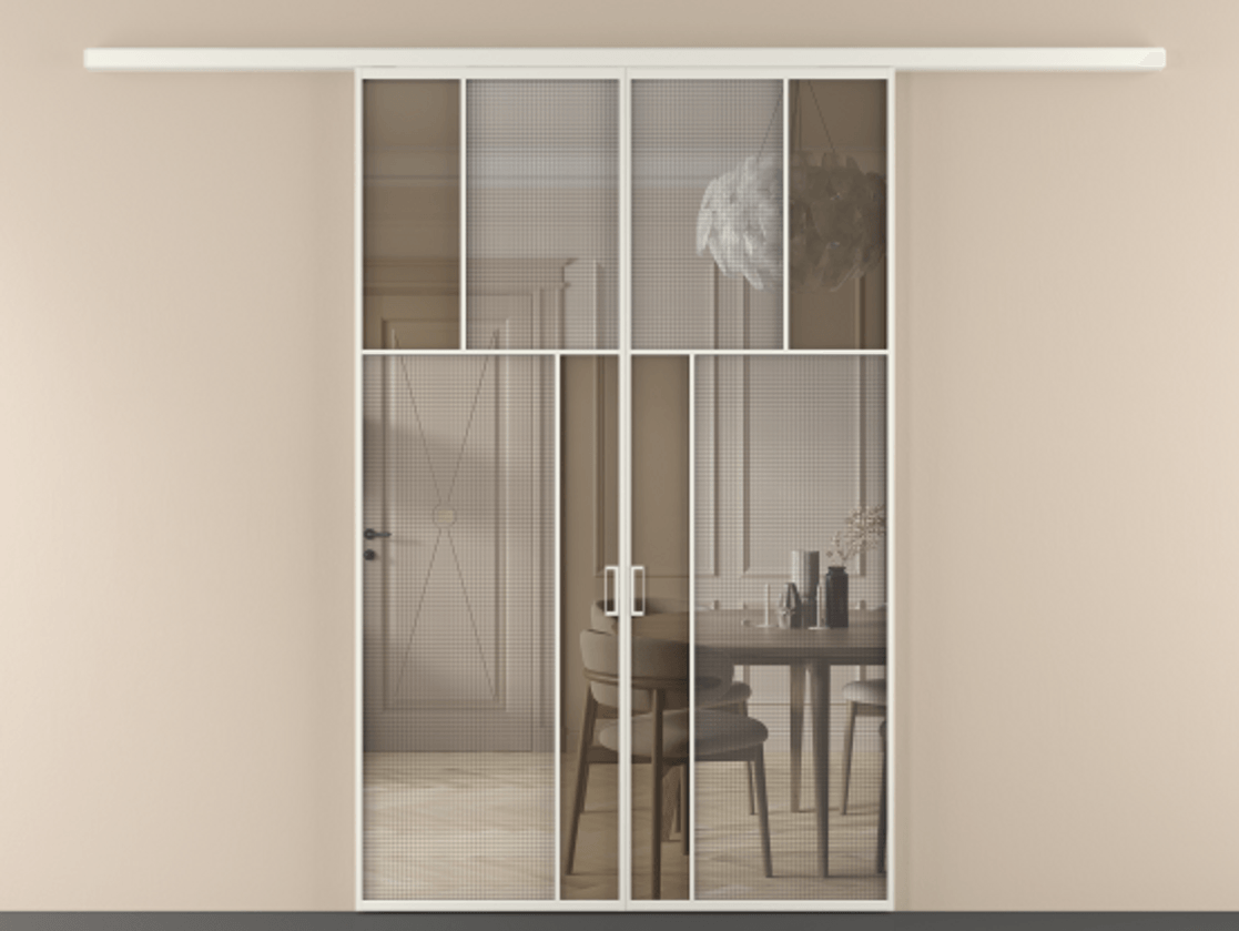Перегородка Mosaic вдоль стены двустворчатая АЛПР 041.22 Алюминий Белый Mesh silver + Бронза прозрачное триплекс Цена 251560 ₽ | Volhovec