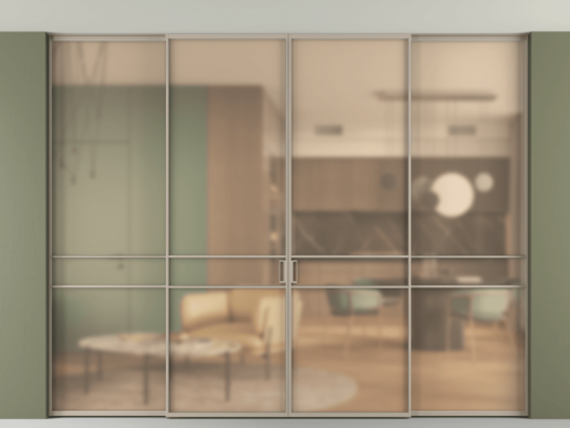 Перегородка Formato внутри проёма скрытое крепление в потолок 4 створки АЛПР 040.02 Алюминий бисквитный Сатинированное оранжевое стекло, триплекс Цена 457052 ₽ | Volhovec