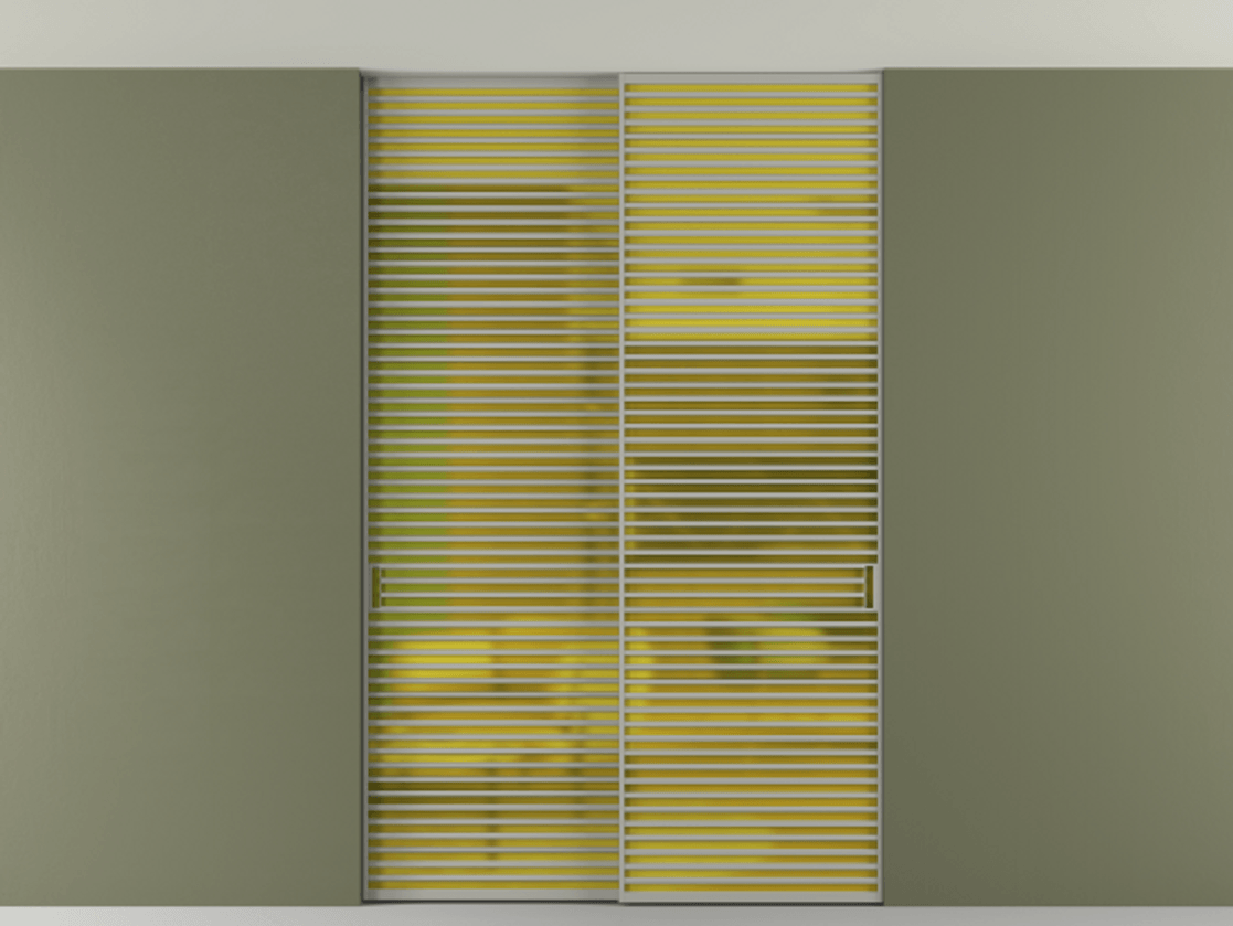 Перегородка Формато внутри проёма скрытое крепление в потолок 2 створки АЛПР 040.07 Алюминий нейтральный серый Сатинированное жёлтое стекло, триплекс Цена 409915 ₽ | Volhovec