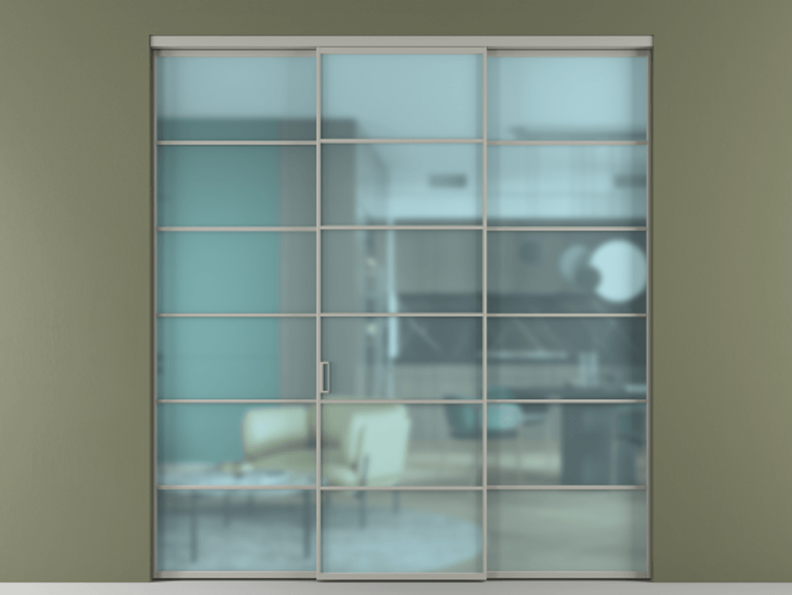 Перегородка Формато внутри проёма 3 створки АЛПР 040.04 Алюминий нейтральный серый Сатинированное голубое стекло, триплекс Цена 254825 ₽ | Volhovec