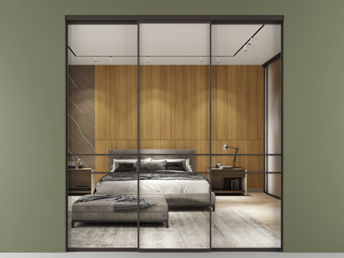 Перегородка Formato внутри проёма 3 створки АЛПР 040.02 Алюминий антрацит Двустороннее зеркало, триплекс , триплекс 6 мм Цена 237275 ₽ | Volhovec