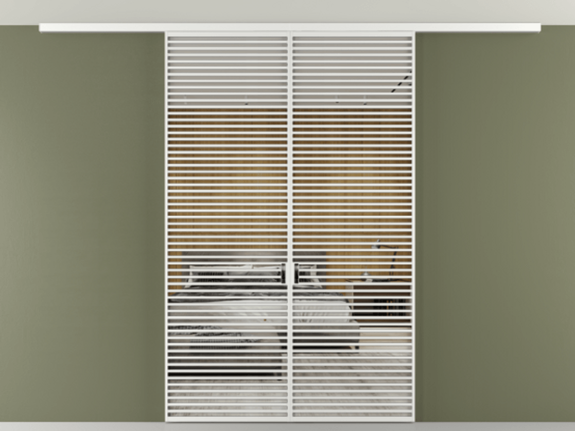 Перегородка Формато вдоль стены на потолок 2 створки АЛПР 040.07 Алюминий белоснежный Двустороннее зеркало, триплекс , триплекс 6 мм Цена 367356 ₽ | Volhovec