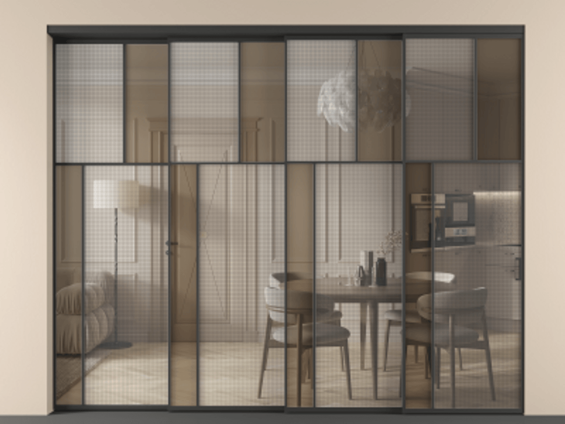 Перегородка Mosaic внутри проема телескопик синхро-4 АЛПР 041.22 Алюминий Черный Mesh silver + Бронза прозрачное триплекс Цена 542520 ₽ | Volhovec