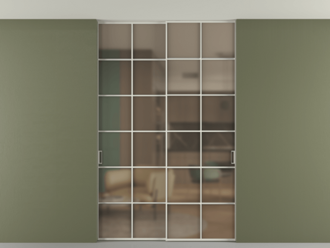 Перегородка Formato внутри проёма скрытое крепление в потолок 2 створки АЛПР 040.05 Алюминий Белый Сатинированное бронзовое стекло, триплекс Цена 254485 ₽ | Volhovec