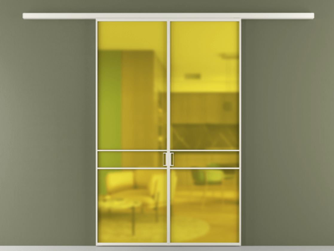 Перегородка Formato вдоль стены 2 створки АЛПР 040.02 Алюминий Белый Сатинированное жёлтое стекло, триплекс Цена 223700 ₽ | Volhovec