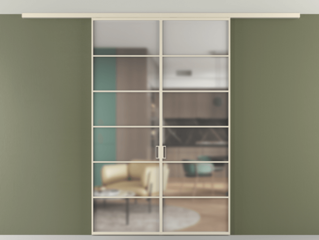 Перегородка Формато вдоль стены на потолок 2 створки АЛПР 040.04 Алюминий бежево-серый Сатинированное стекло "Мателюкс Кристал Вижн", калёное, матовое, каленое 6 мм Цена 221404 ₽ | Volhovec