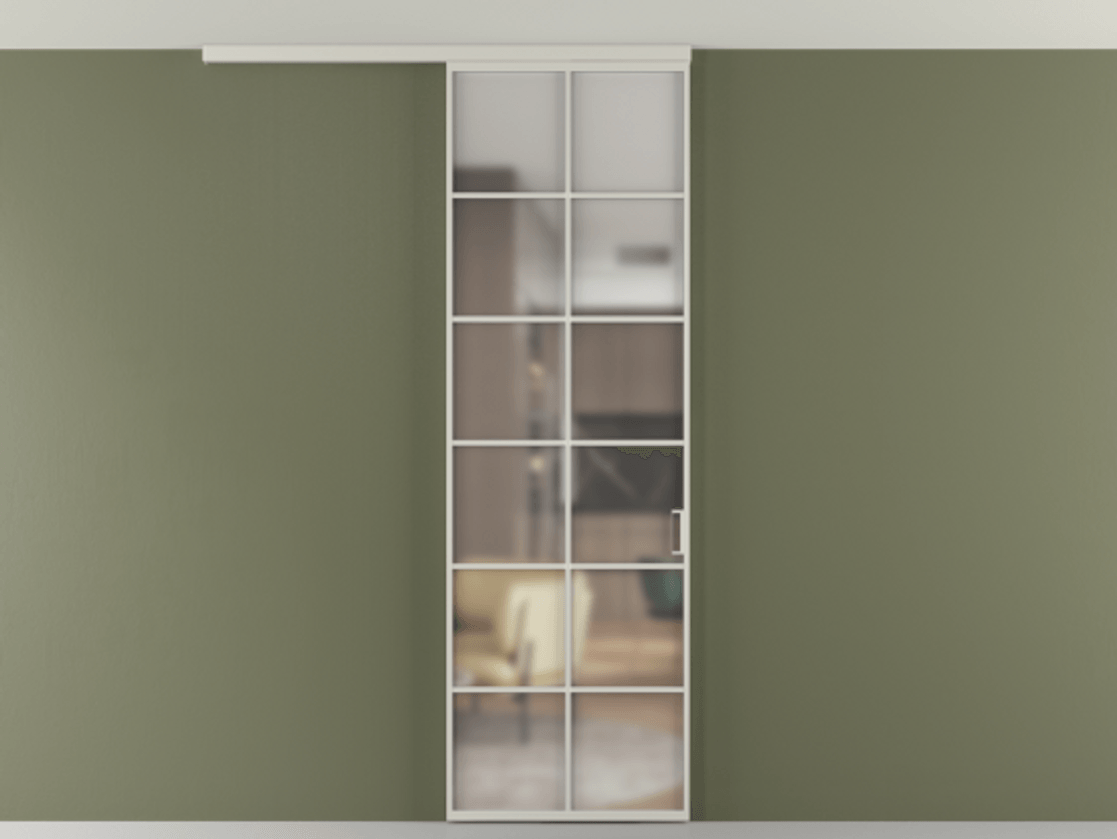 Перегородка Формато вдоль стены на потолок 1 створка АЛПР 040.05 Алюминий тёплый серый Сатинированное стекло "Мателюкс Кристал Вижн", калёное, матовое, каленое 6 мм Цена 134090 ₽ | Volhovec