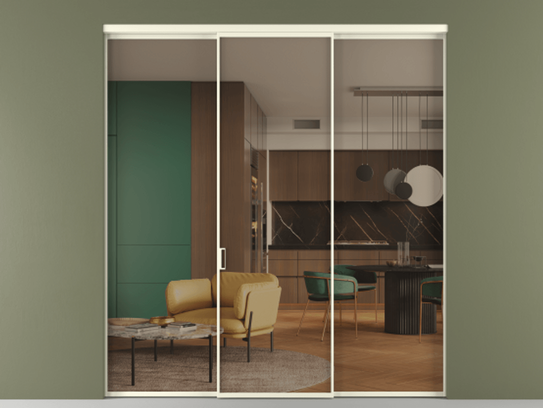 Перегородка Формато внутри проёма 3 створки АЛПР 040.01 Алюминий молочно-белый Прозрачное бронзовое стекло, триплекс Цена 225125 ₽ | Volhovec