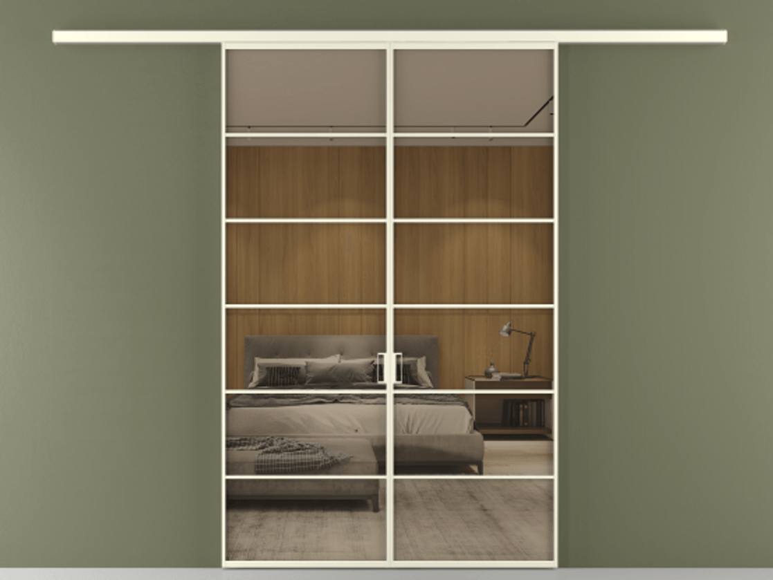 Перегородка Формато вдоль стены 2 створки АЛПР 040.04 Алюминий молочно-белый Рефлективное бронзовое стекло "Стопсол", калёное Цена 264600 ₽ | Volhovec