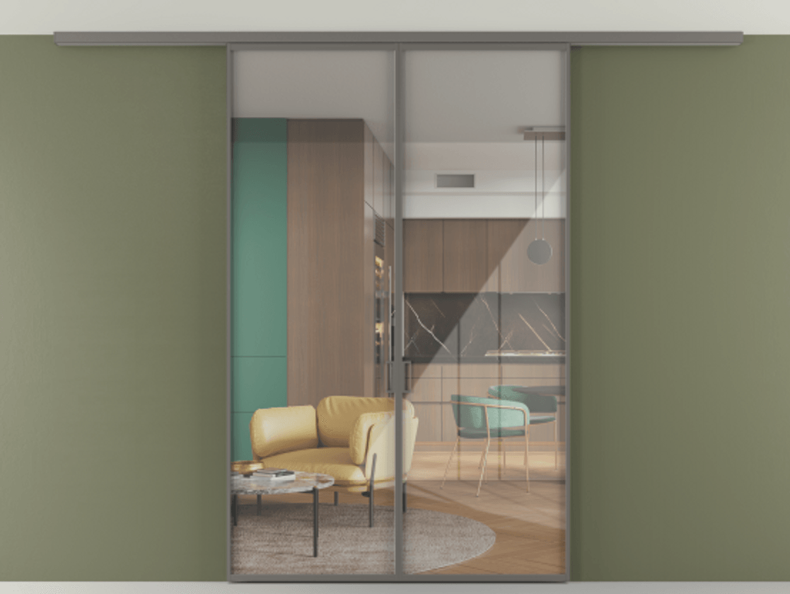 Перегородка Формато вдоль стены на потолок 2 створки АЛПР 040.01 Алюминий классический серый Рефлективное прозрачное стекло "Стопсол", калёное Цена 198172 ₽ | Volhovec