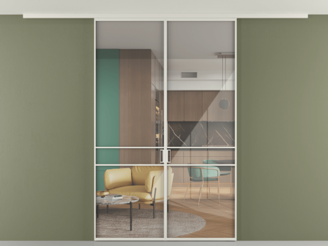 Перегородка Формато вдоль стены на потолок 2 створки АЛПР 040.02 Алюминий Белый Рефлективное прозрачное стекло "Стопсол", калёное Цена 234900 ₽ | Volhovec