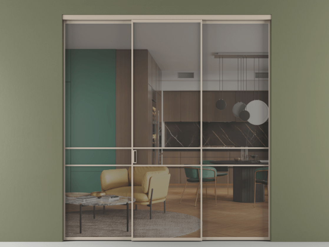 Перегородка Formato внутри проёма 3 створки АЛПР 040.02 Алюминий бисквитный Прозрачное серое стекло, триплекс Цена 237275 ₽ | Volhovec