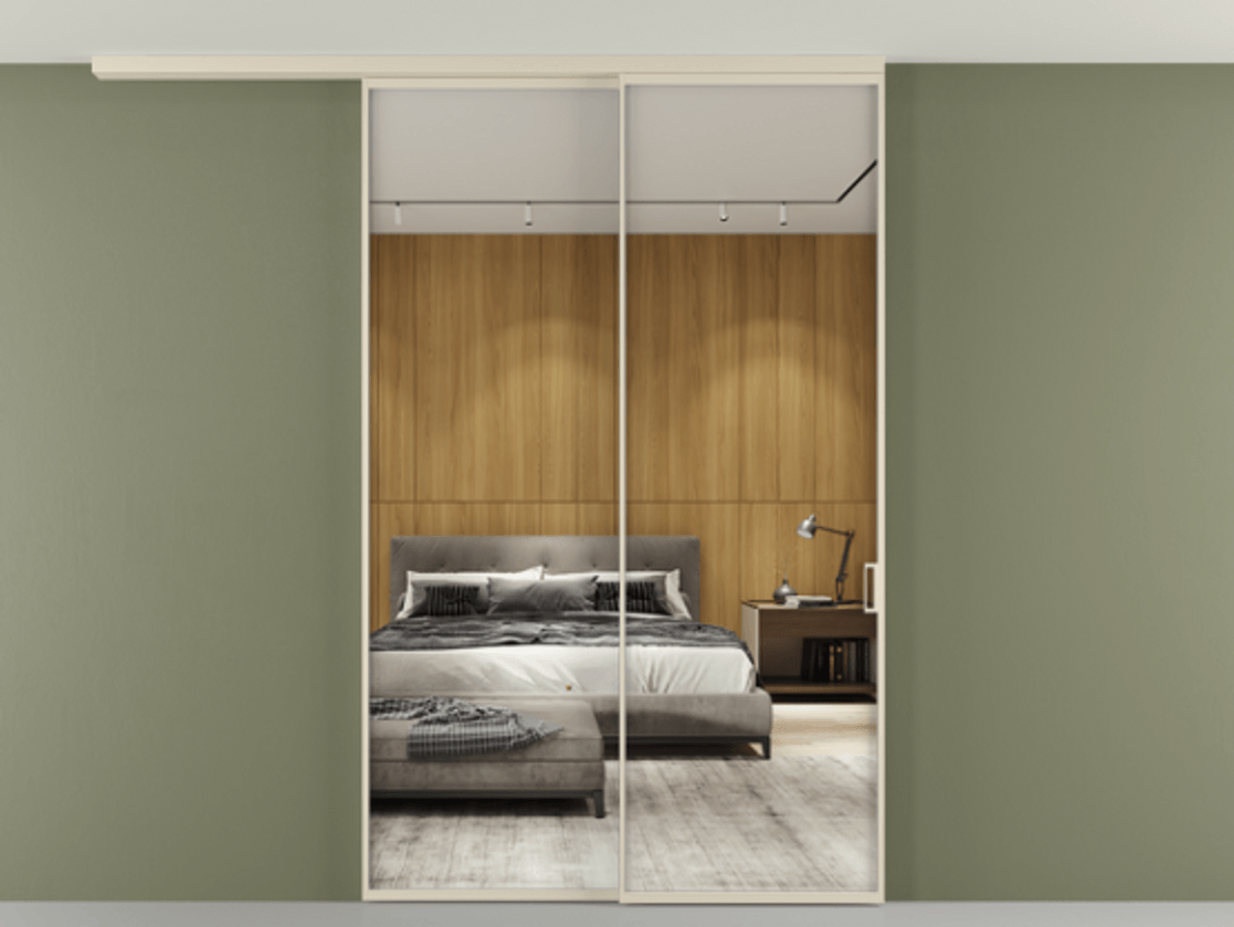 Перегородка Формато вдоль стены на потолок 2 створки с синхронным механизмом АЛПР 040.01 Алюминий бежево-серый Двустороннее зеркало, триплекс , триплекс 6 мм Цена 268472 ₽ | Volhovec