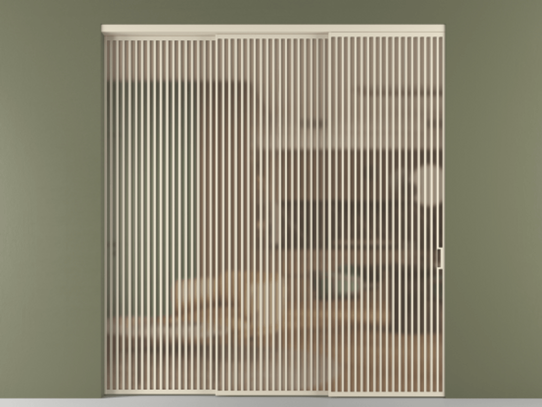 Перегородка Formato внутри проёма 3 створки с синхронным механизмом АЛПР 040.06 Алюминий бежево-серый Сатинированное оранжевое стекло, триплекс Цена 579740 ₽  | Volhovec