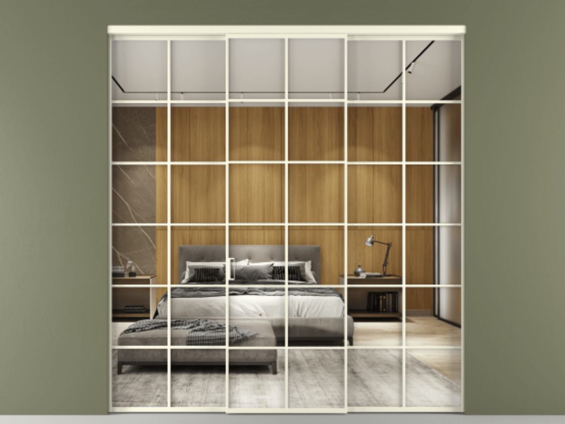 Перегородка Формато внутри проёма 3 створки АЛПР 040.05 Алюминий молочно-белый Двустороннее зеркало, триплекс , триплекс 6 мм Цена 254825 ₽ | Volhovec