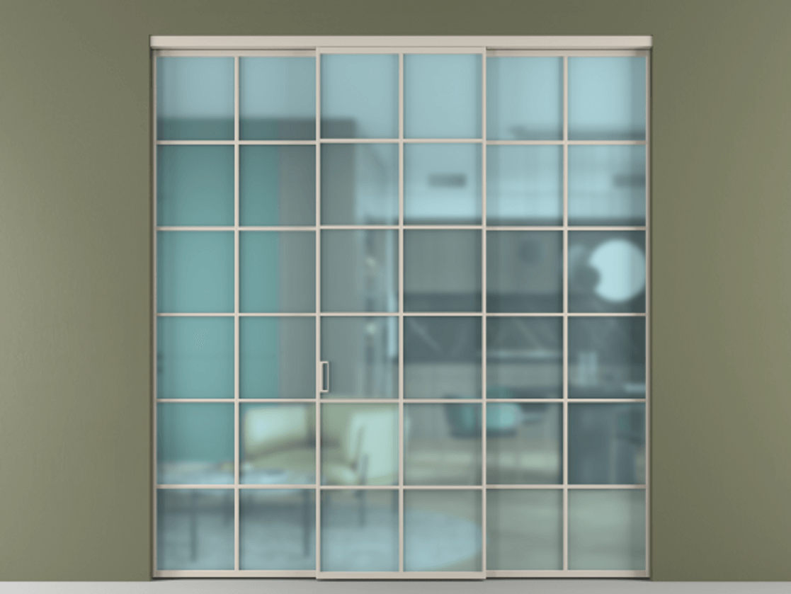 Перегородка Формато внутри проёма 3 створки АЛПР 040.05 Алюминий светло-бежевый Сатинированное голубое стекло, триплекс Цена 254825 ₽ | Volhovec