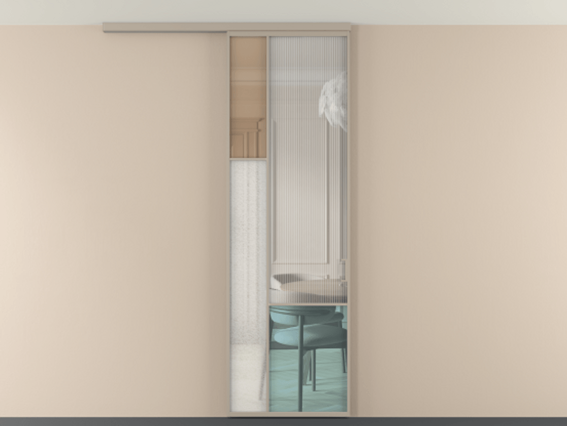 Перегородка Мозаик вдоль стены на потолок 1 створка АЛПР 041.13 Алюминий бисквитный Комбинация стекол Группы 1 и Группы 3 Цена 141040 ₽ | Volhovec