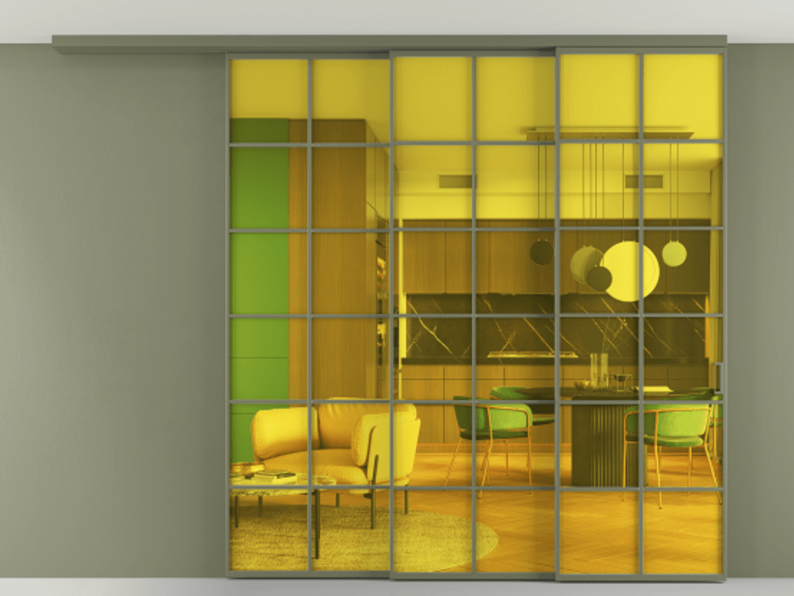 Перегородка Formato вдоль стены на потолок 3 створки с синхронным механизмом АЛПР 040.05 Алюминий оливковый тёмный Прозрачное жёлтое стекло, триплекс Цена 416956 ₽ | Volhovec