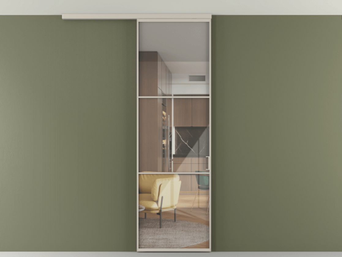 Перегородка Формато вдоль стены на потолок 1 створка АЛПР 040.03 Алюминий светло-бежевый Рефлективное прозрачное стекло "Стопсол", калёное Цена 107388 ₽ | Volhovec