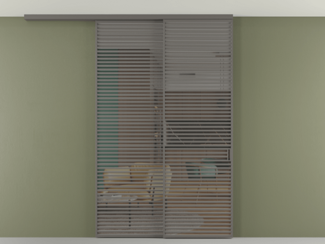 Перегородка Формато вдоль стены на потолок 2 створки с синхронным механизмом АЛПР 040.07 Алюминий классический серый Прозрачное серое стекло, триплекс Цена 450456 ₽ | Volhovec