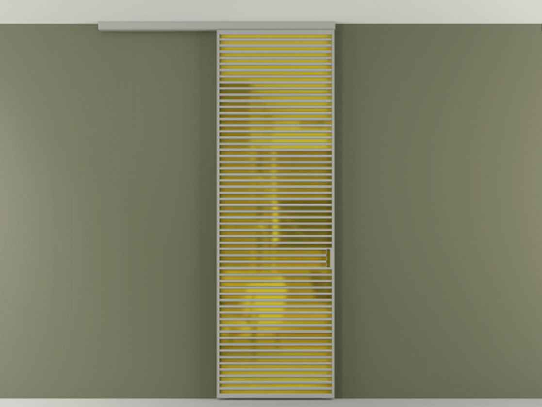 Перегородка Формато вдоль стены на потолок 1 створка АЛПР 040.07 Алюминий нейтральный серый Сатинированное жёлтое стекло, триплекс Цена 177708 ₽ | Volhovec