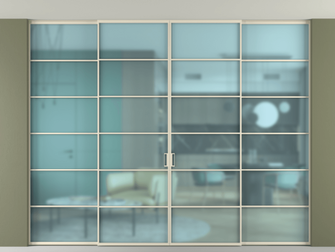 Межкомнатная дверь New Перегородка Formato внутри проёма четырёхстворчатая АЛПР 040.04 Алюминий бежево-серый Сатинированное голубое стекло, триплекс Цена 484508  | Volhovec