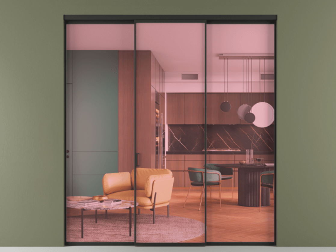 Перегородка Formato внутри проёма 3 створки АЛПР 040.01 Алюминий Черный Прозрачное розовое стекло, триплекс Цена 216275 ₽ | Volhovec