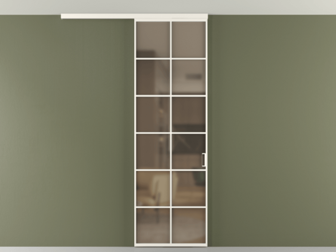 Перегородка Формато вдоль стены на потолок 1 створка АЛПР 040.05 Алюминий пудровый белый Сатинированное бронзовое стекло, триплекс Цена 103293 ₽ | Volhovec