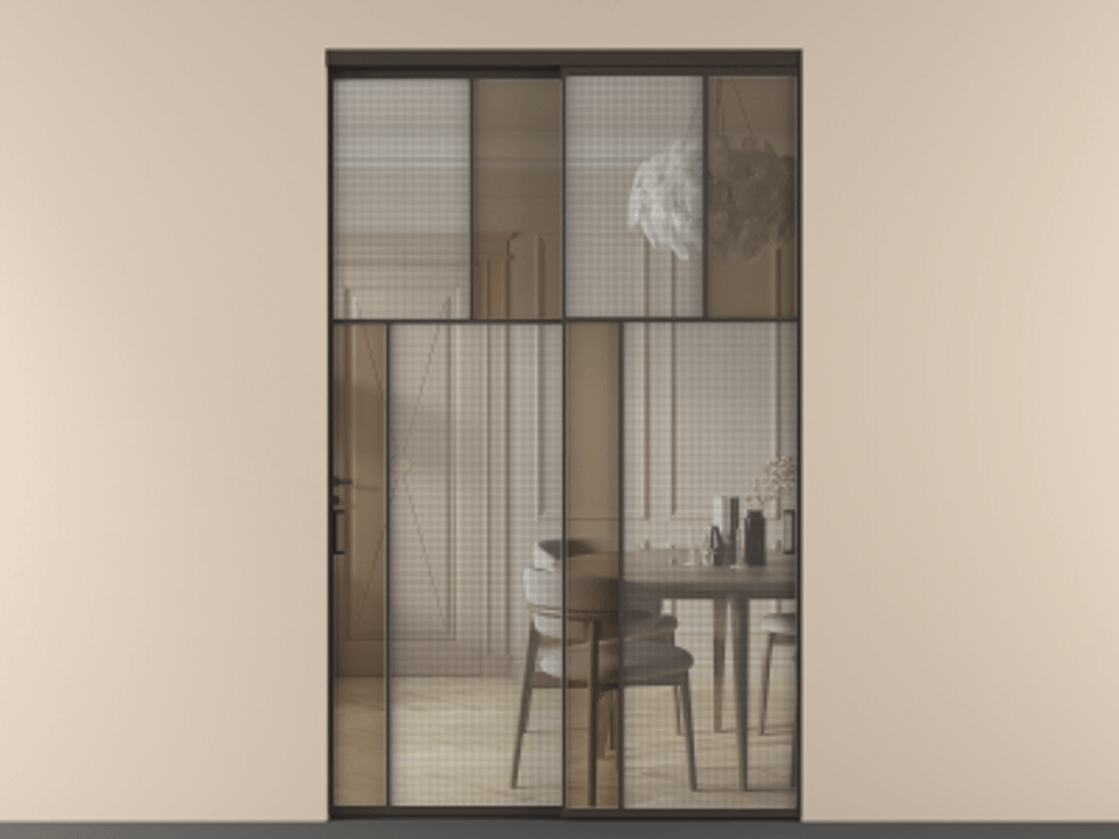 Перегородка Mosaic внутри проёма двустворчатая АЛПР 041.22 Алюминий антрацит Mesh silver + Бронза прозрачное триплекс Цена 239240 ₽ | Volhovec