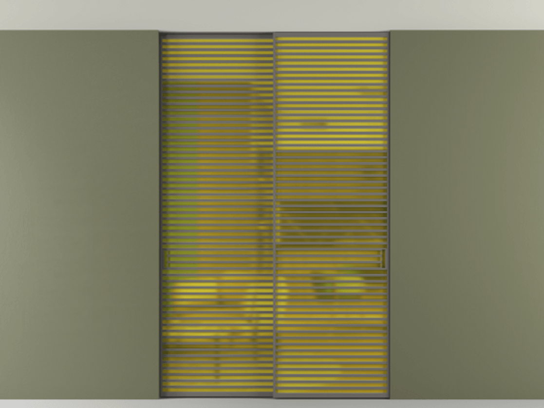 Перегородка Формато внутри проёма скрытое крепление в потолок 2 створки АЛПР 040.07 Алюминий классический серый Сатинированное жёлтое стекло, триплекс Цена 409915 ₽ | Volhovec