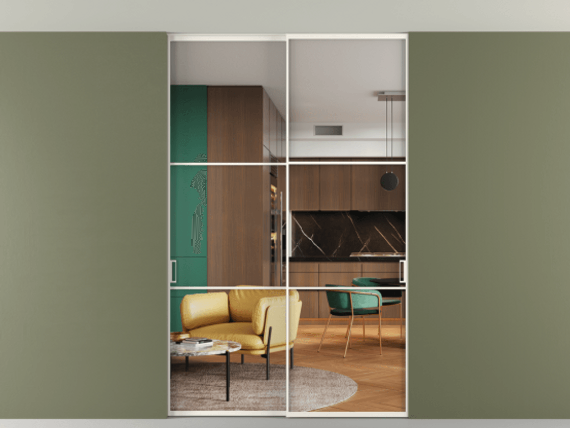 Перегородка Formato внутри проёма скрытое крепление в потолок 2 створки АЛПР 040.03 Алюминий пудровый белый Прозрачное стекло "Кристал Вижн", калёное Цена 305520 ₽ | Volhovec