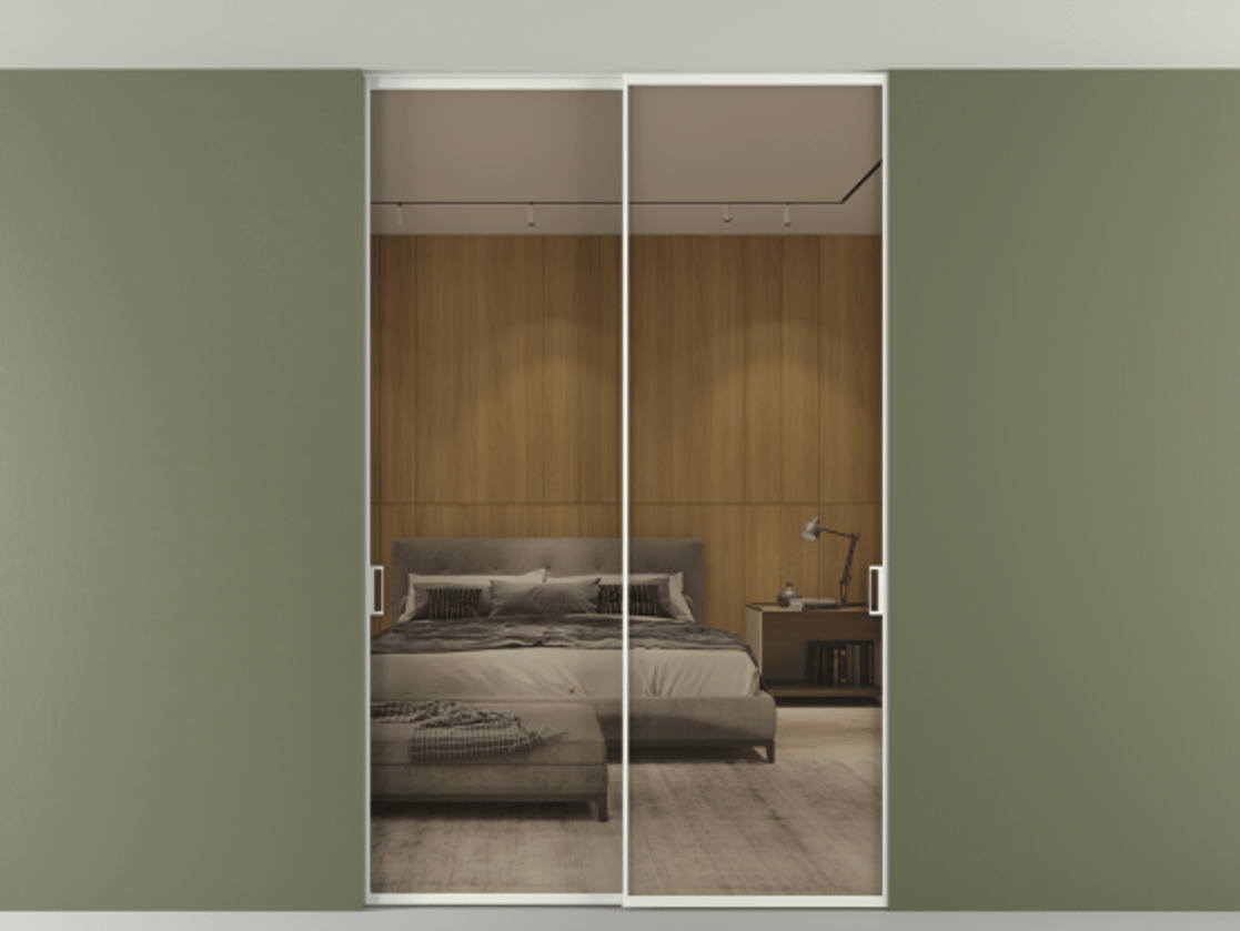 Перегородка Формато внутри проёма скрытое крепление в потолок 2 створки АЛПР 040.01 Алюминий светло-серый Рефлективное бронзовое стекло "Стопсол", калёное Цена 293640 ₽ | Volhovec